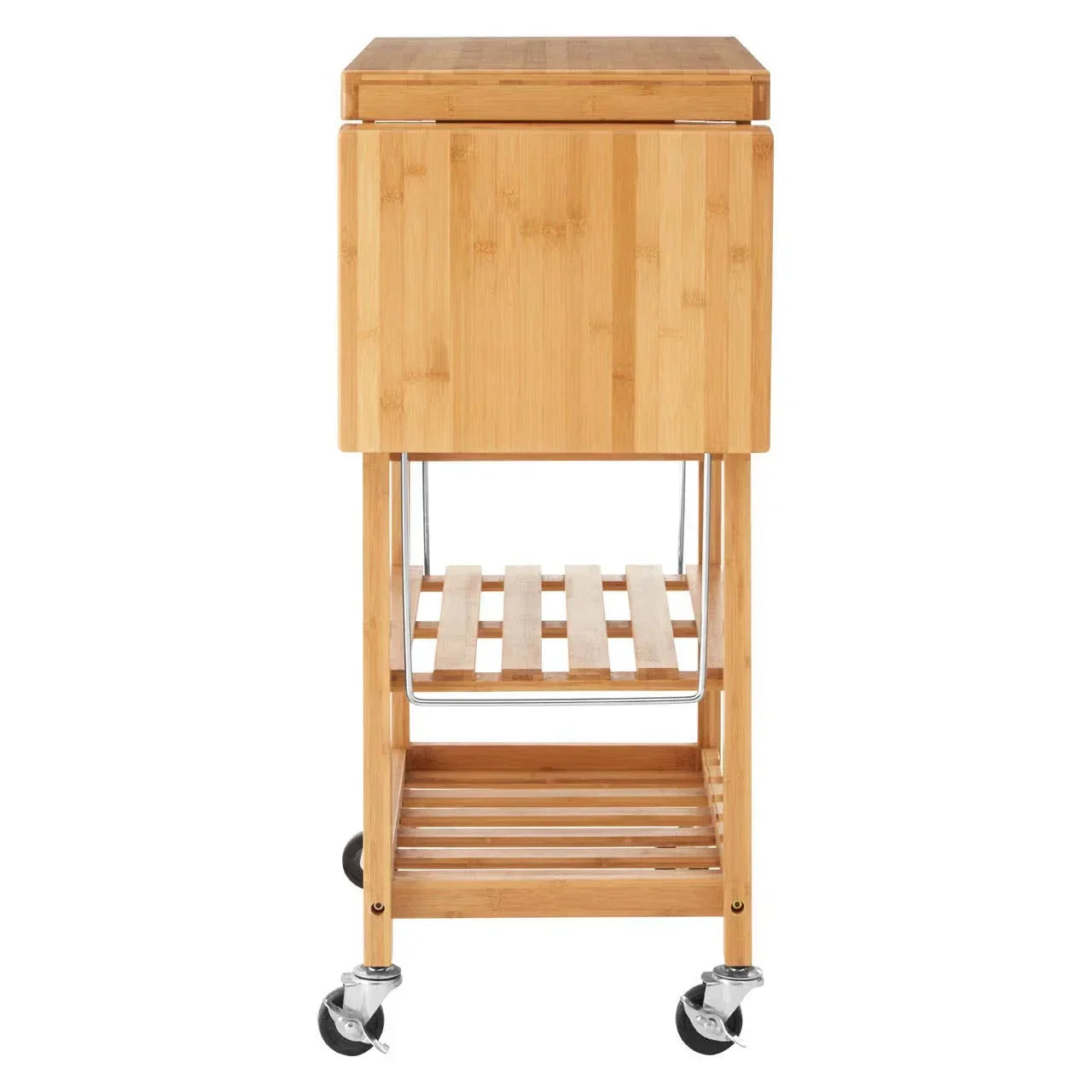 Side view of bamboo kitchen trolley with open shelves and caster wheels