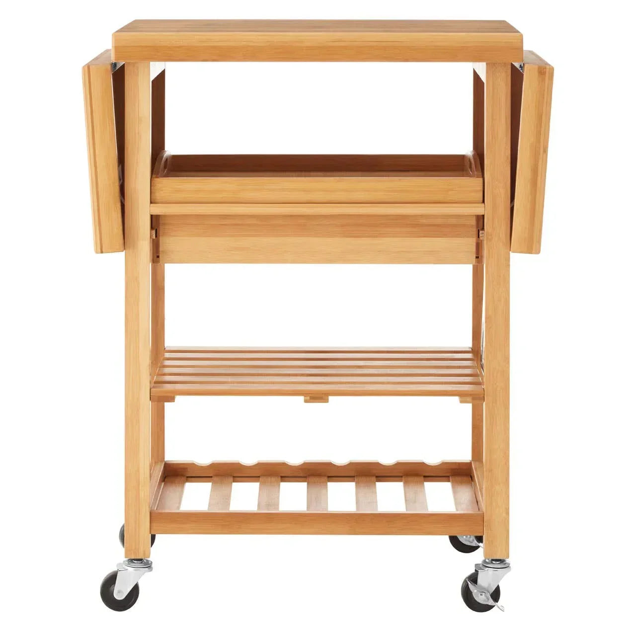 Wooden kitchen trolley with drop-leaf sides, two shelves, wine rack and caster wheels