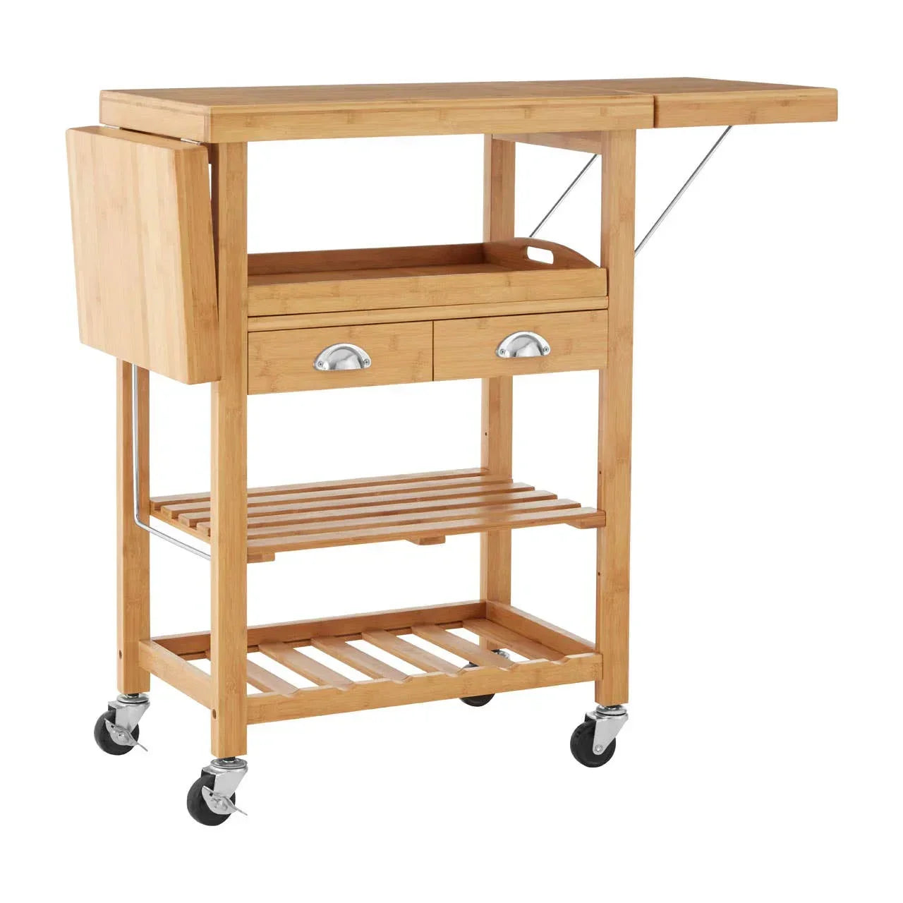 Bamboo kitchen trolley with drop leaf, drawers, shelves and caster wheels