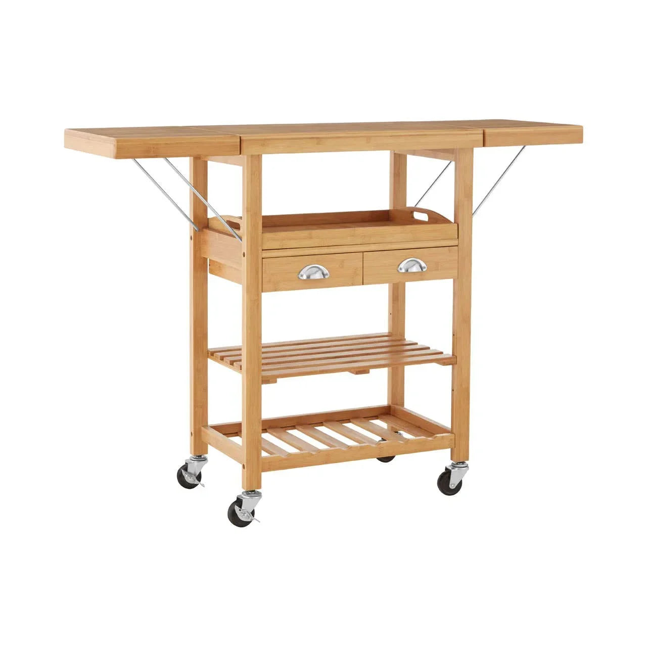 Wooden kitchen trolley with drawers, open shelves and foldable top on wheels