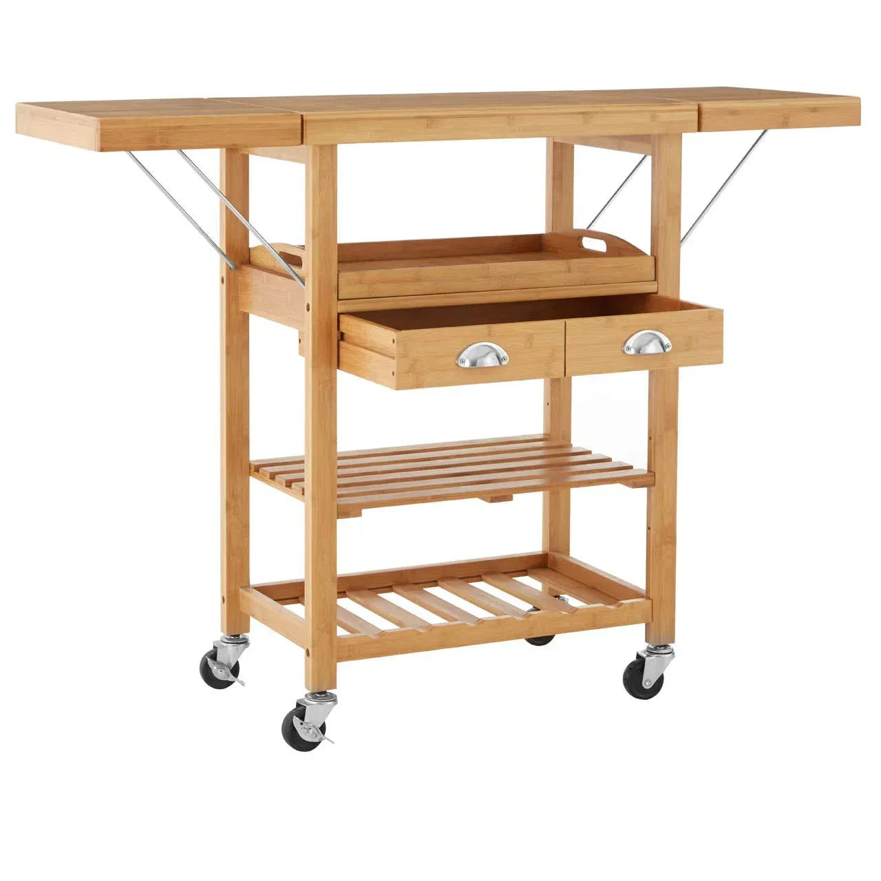 Bamboo kitchen trolley with foldable top, open shelf, drawers and castor wheels