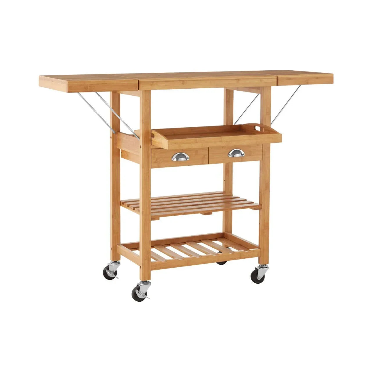 Extendable wooden kitchen trolley on wheels with shelf and drawers, light wood finish