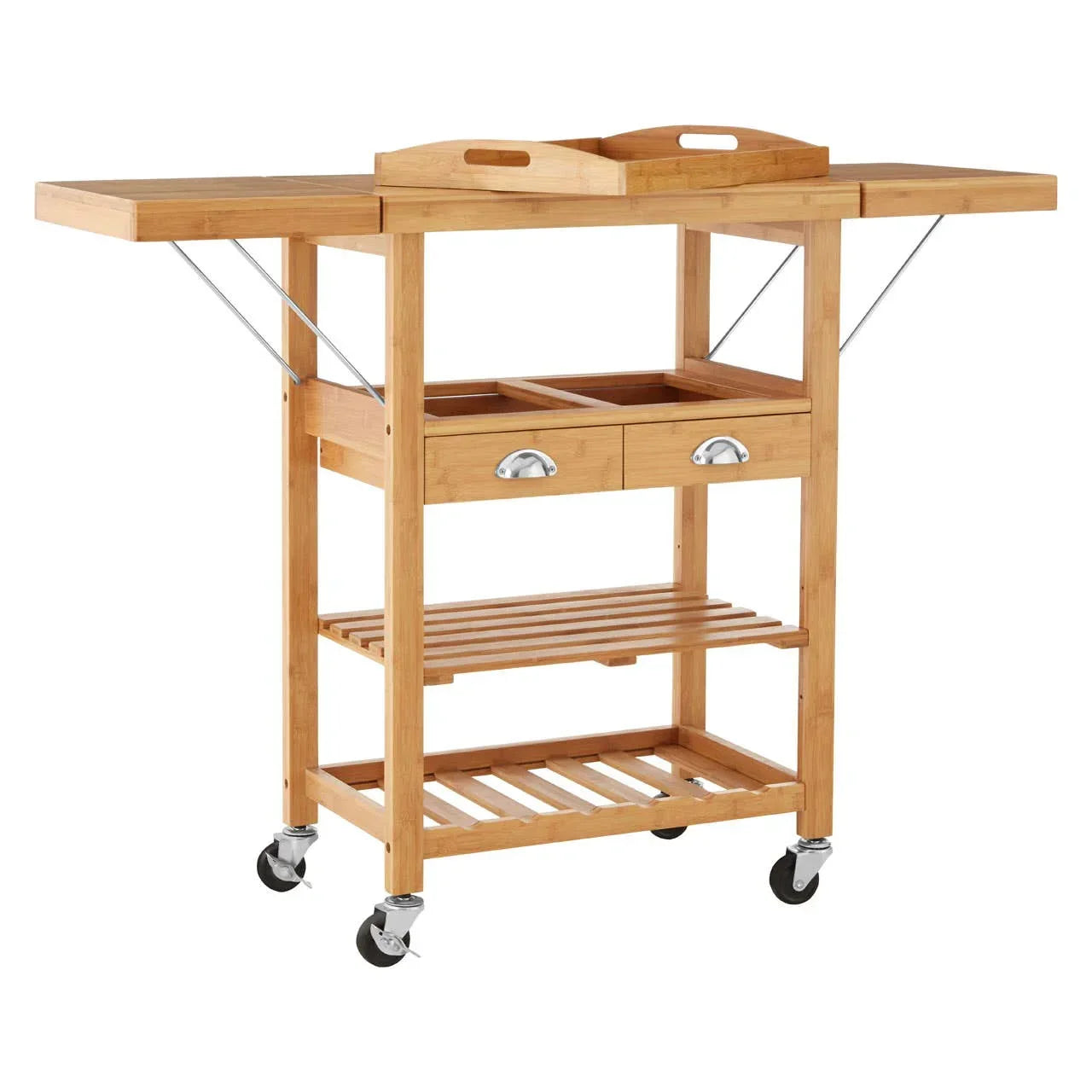 Bamboo kitchen trolley with extendable side trays, metal handles, open shelves and castor wheels