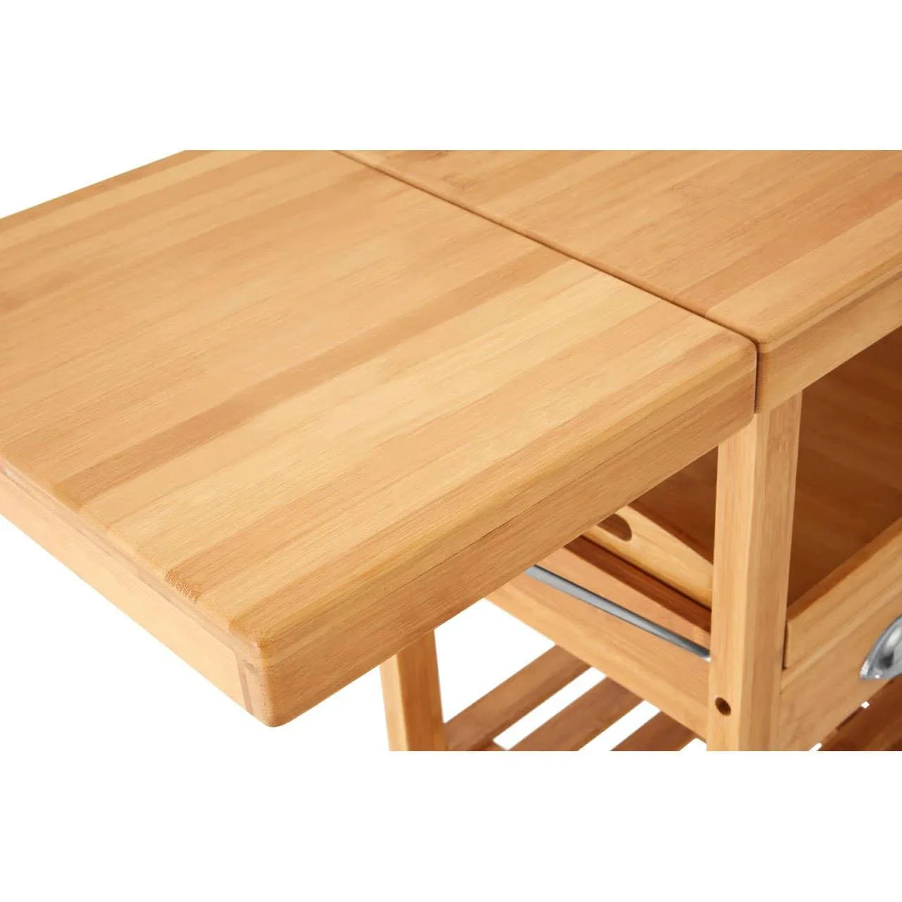 Natural wood kitchen trolley top with visible grain, extension leaf and lower drawer detail
