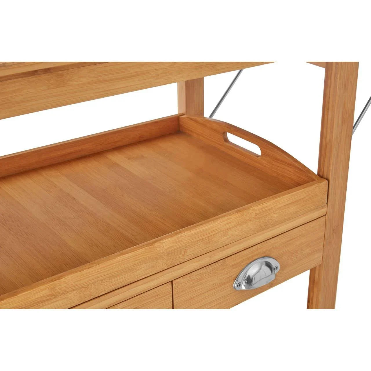 Wooden kitchen trolley with removable bamboo tray and silver drawer handle, close view
