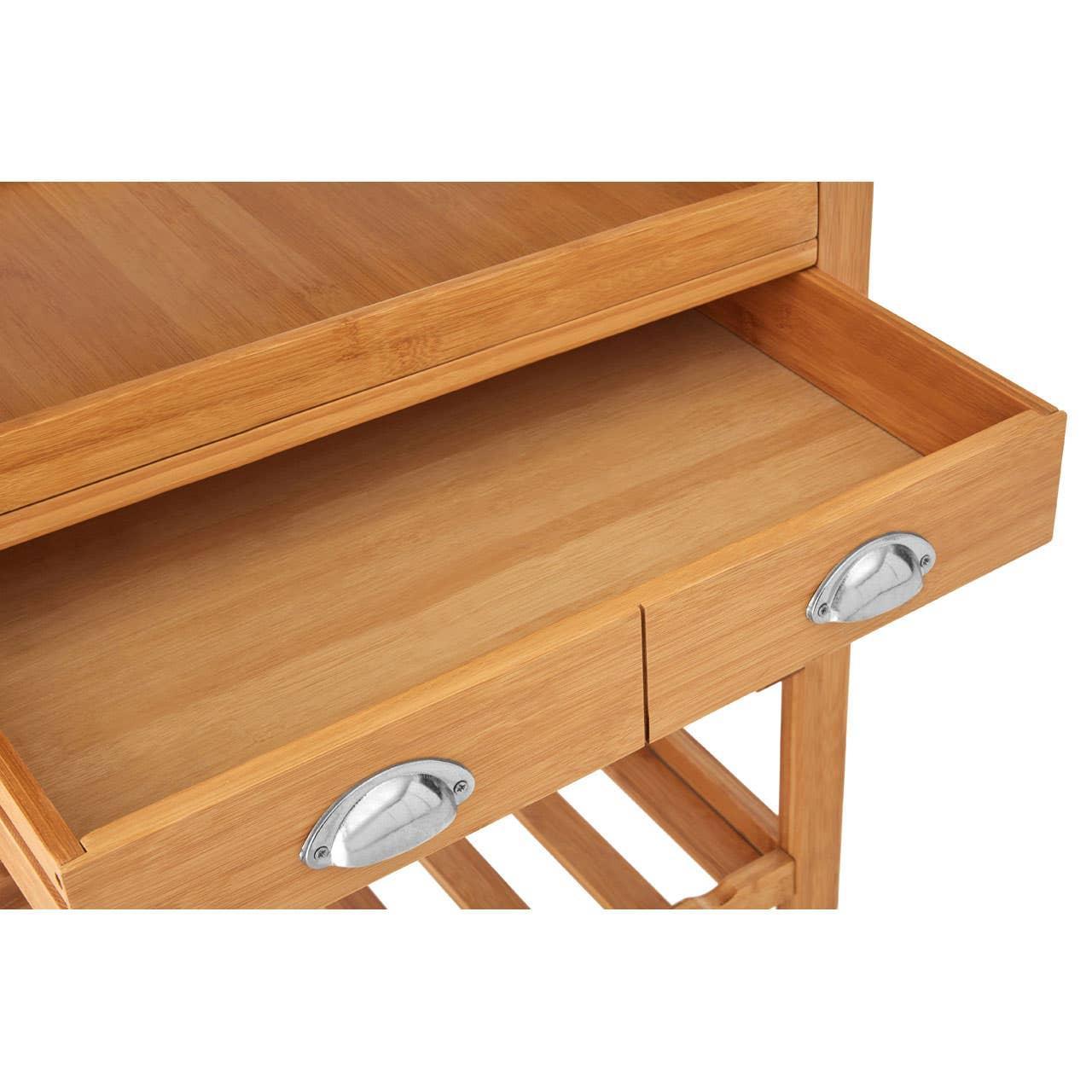 Natural wood console table with open drawer and metal cup handles
