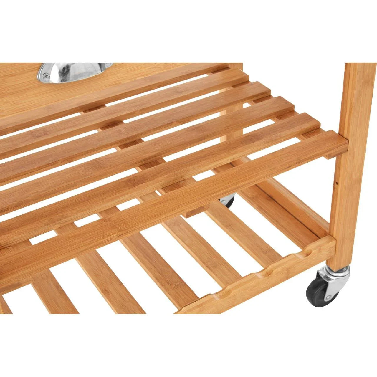 bamboo kitchen trolley shelves with castor wheels, close-up of slatted wood design