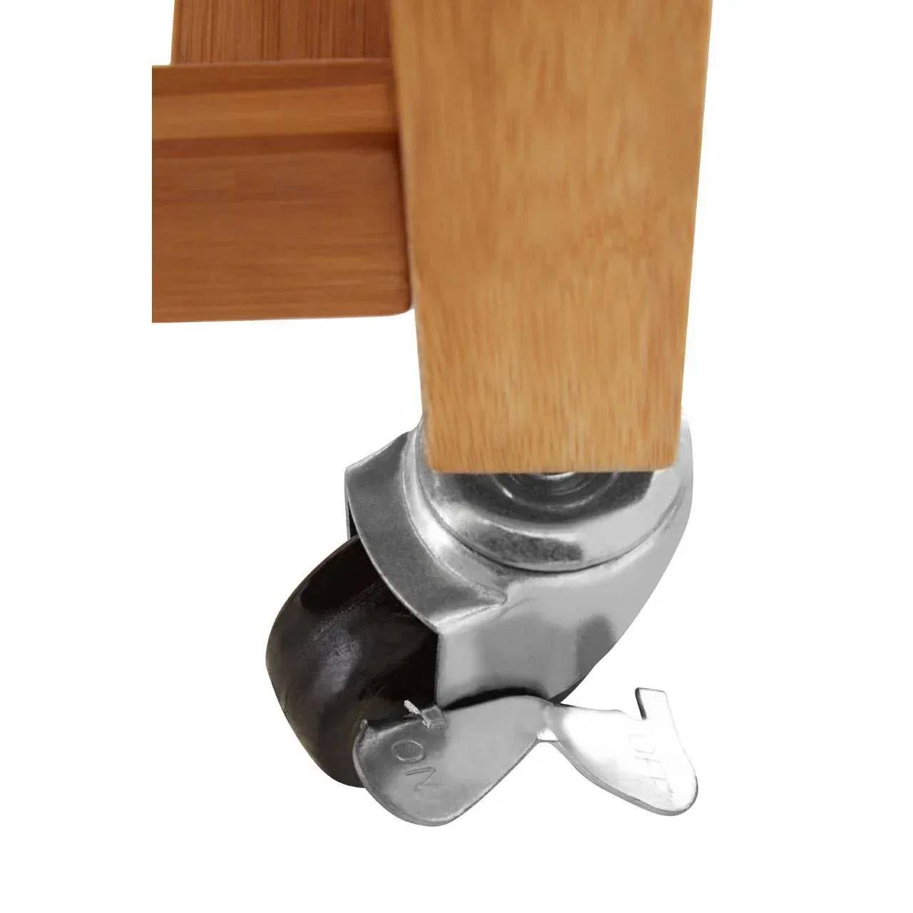 Close-up of wooden furniture leg with metal and black caster wheel and brake