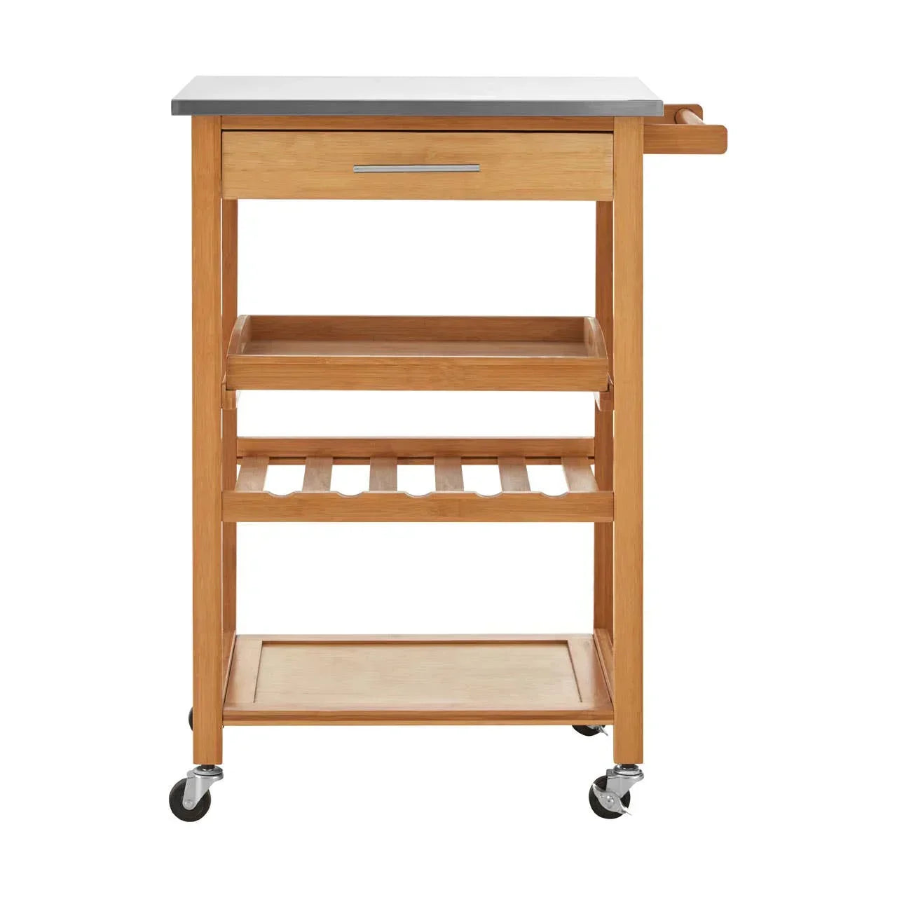 Wooden kitchen trolley with stainless steel top, drawer, shelves and swivel castor wheels