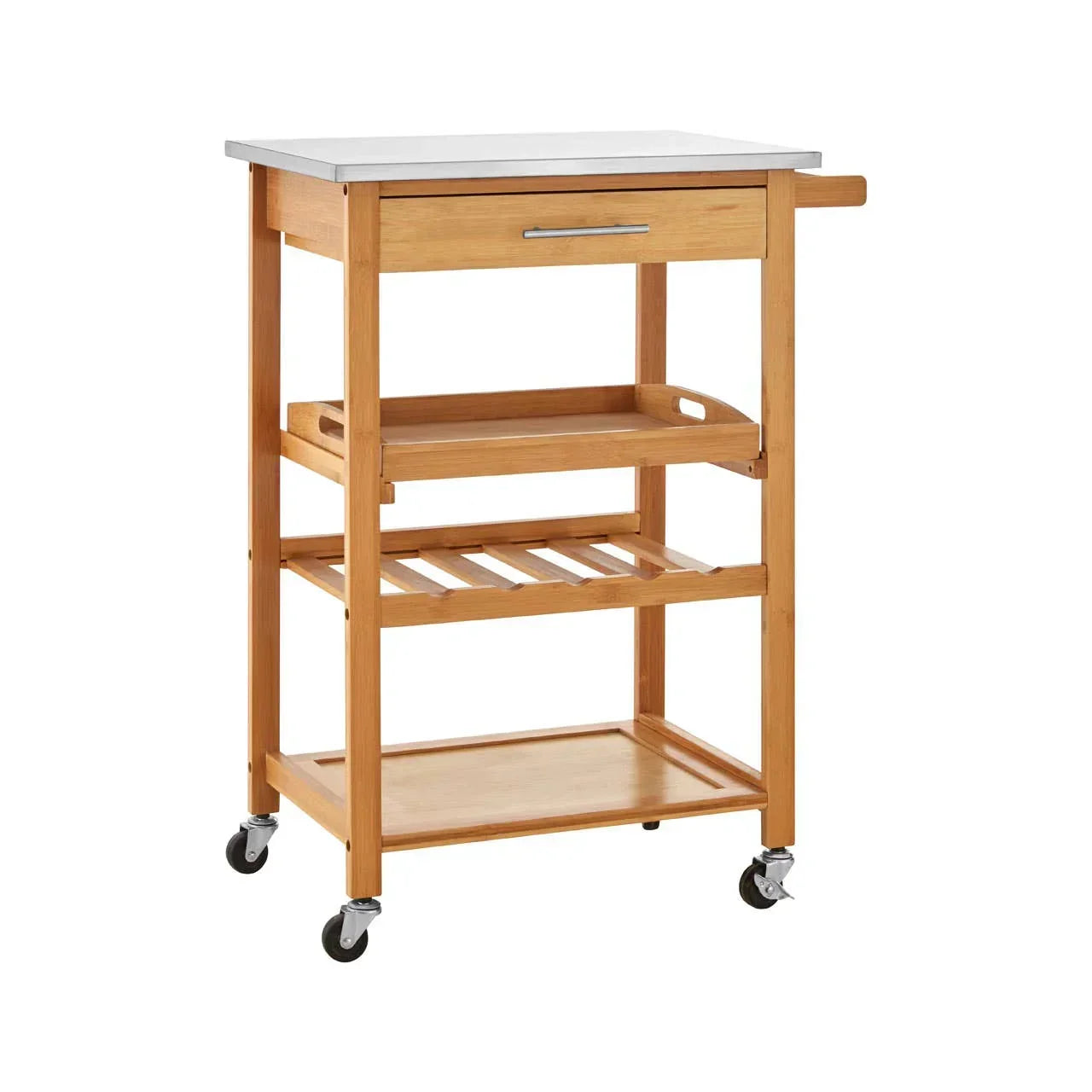 Wooden kitchen trolley with drawer, metal top, open shelves, and wheels