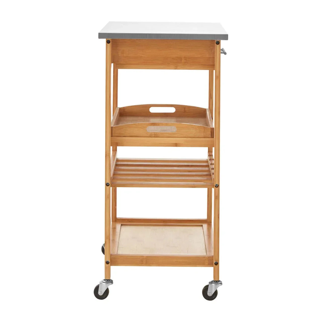 Bamboo kitchen trolley with metal top, storage shelves, tray insert and caster wheels