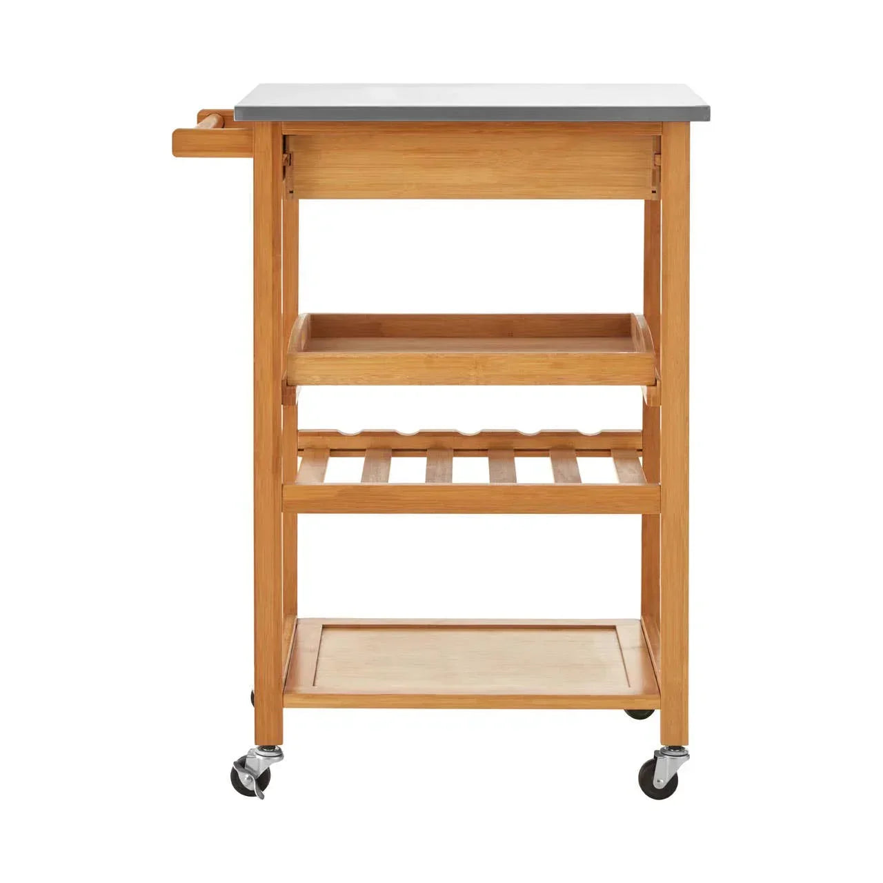 Wooden kitchen trolley with metal top, shelves and wheels, front view