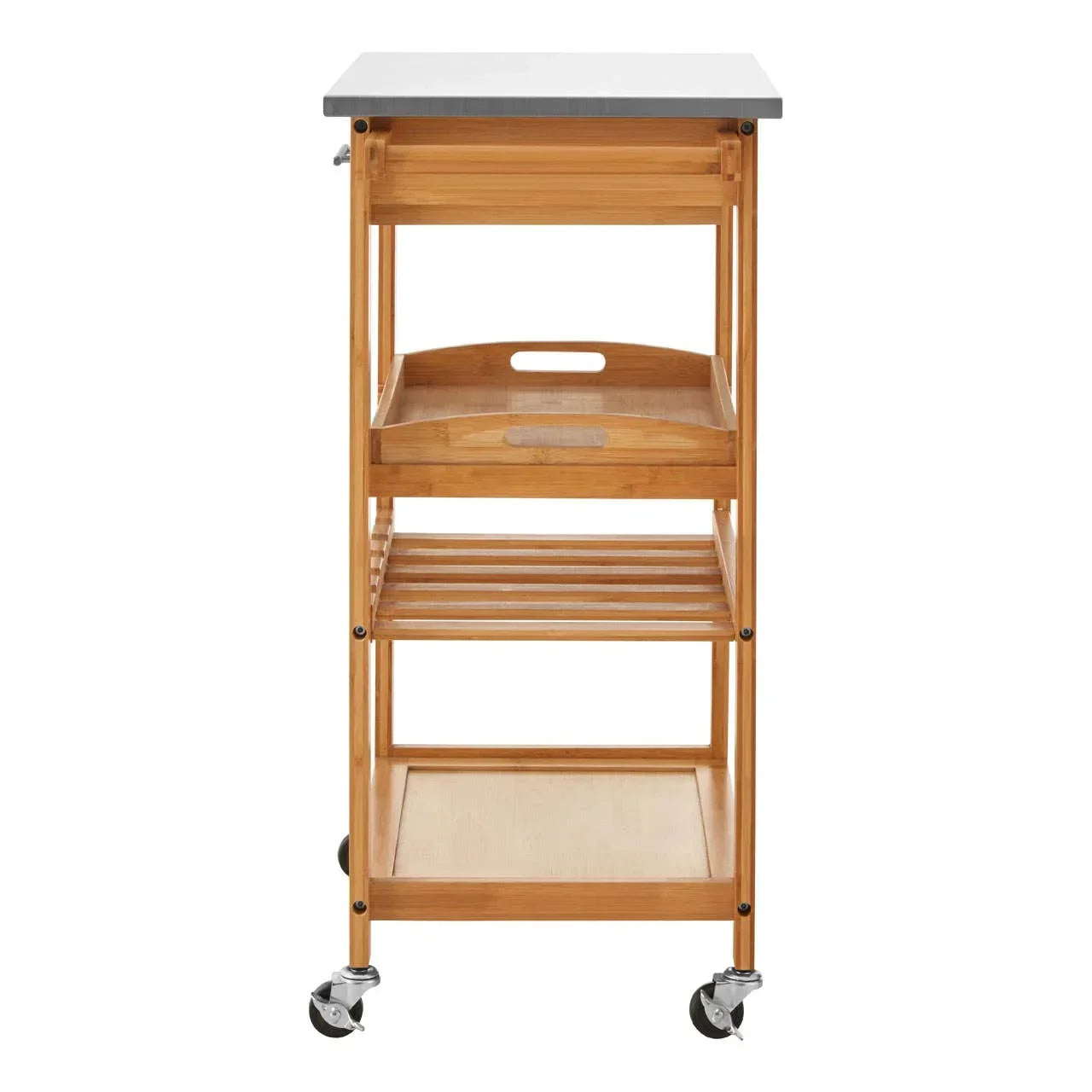 Bamboo kitchen trolley with metal top, pull-out tray, slatted shelf and locking wheels