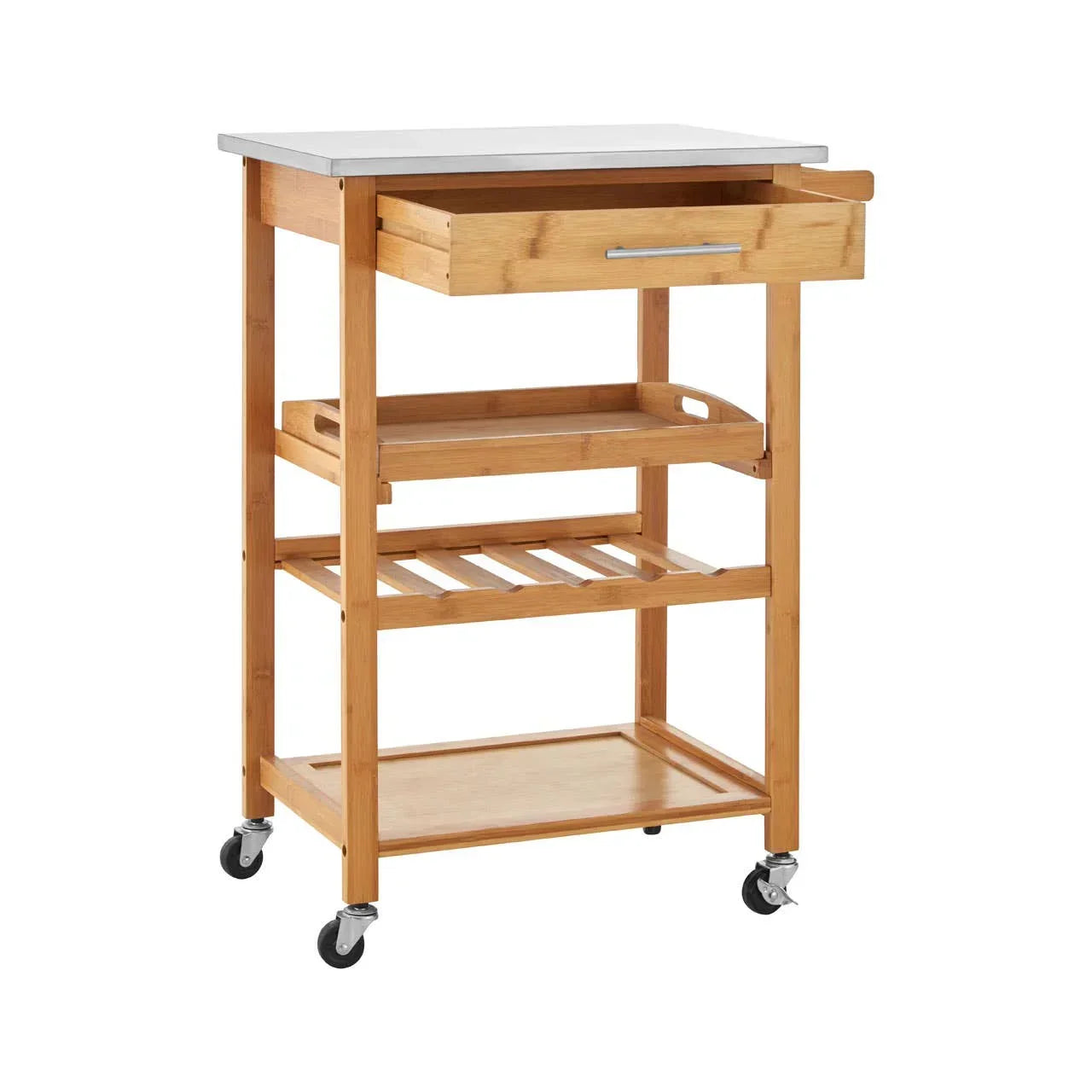 Wooden kitchen trolley with stainless steel top, open drawer and caster wheels