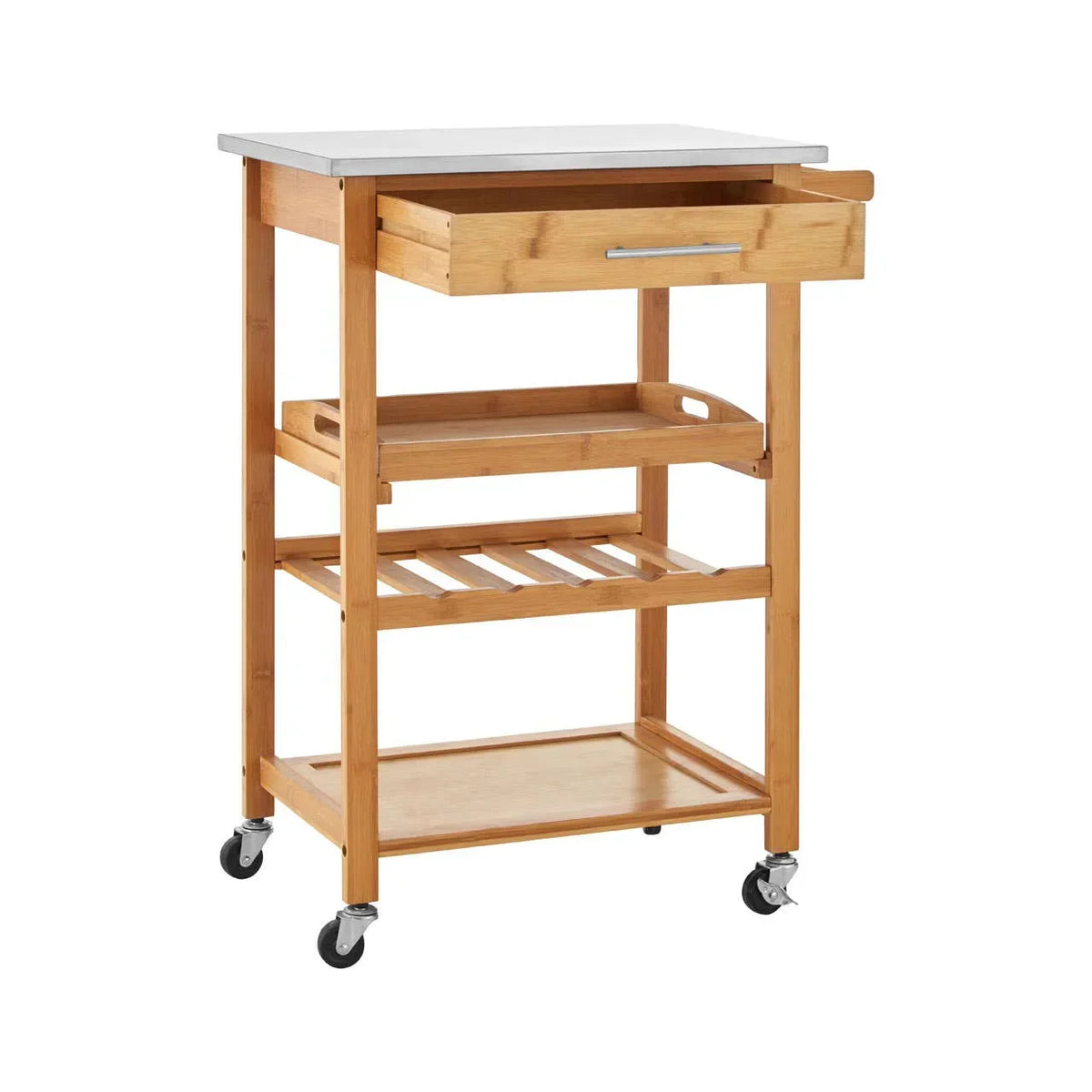 Wooden kitchen trolley with stainless steel top, open drawer and caster wheels