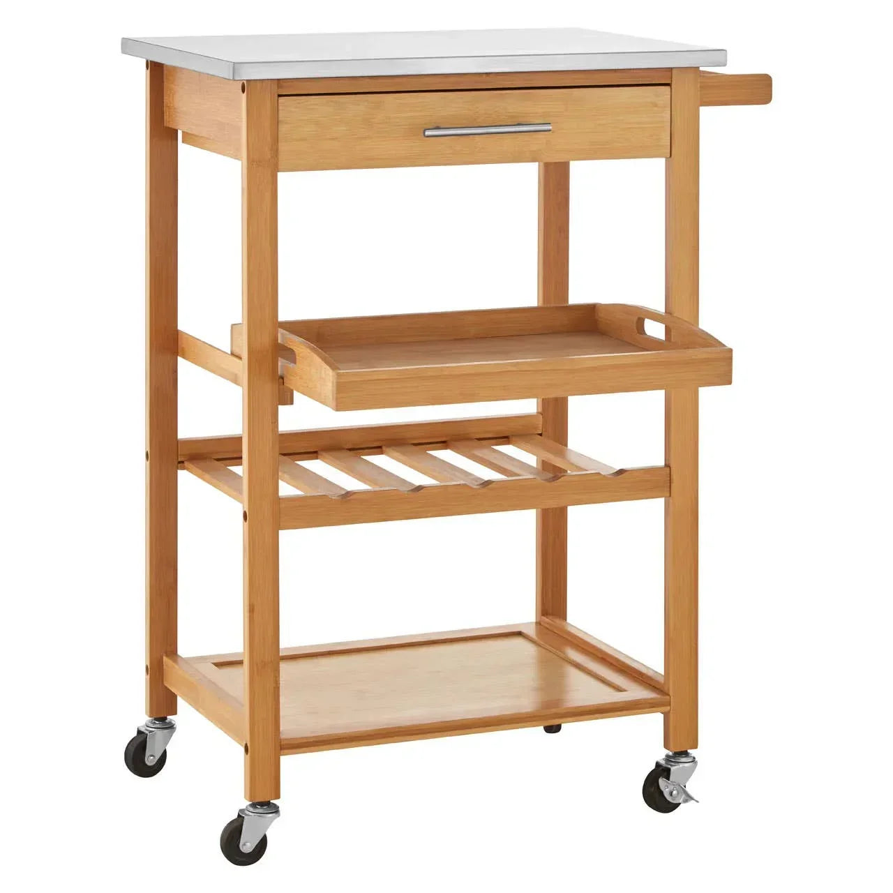 Wood kitchen trolley with stainless steel top, storage drawer, shelves, and wheels