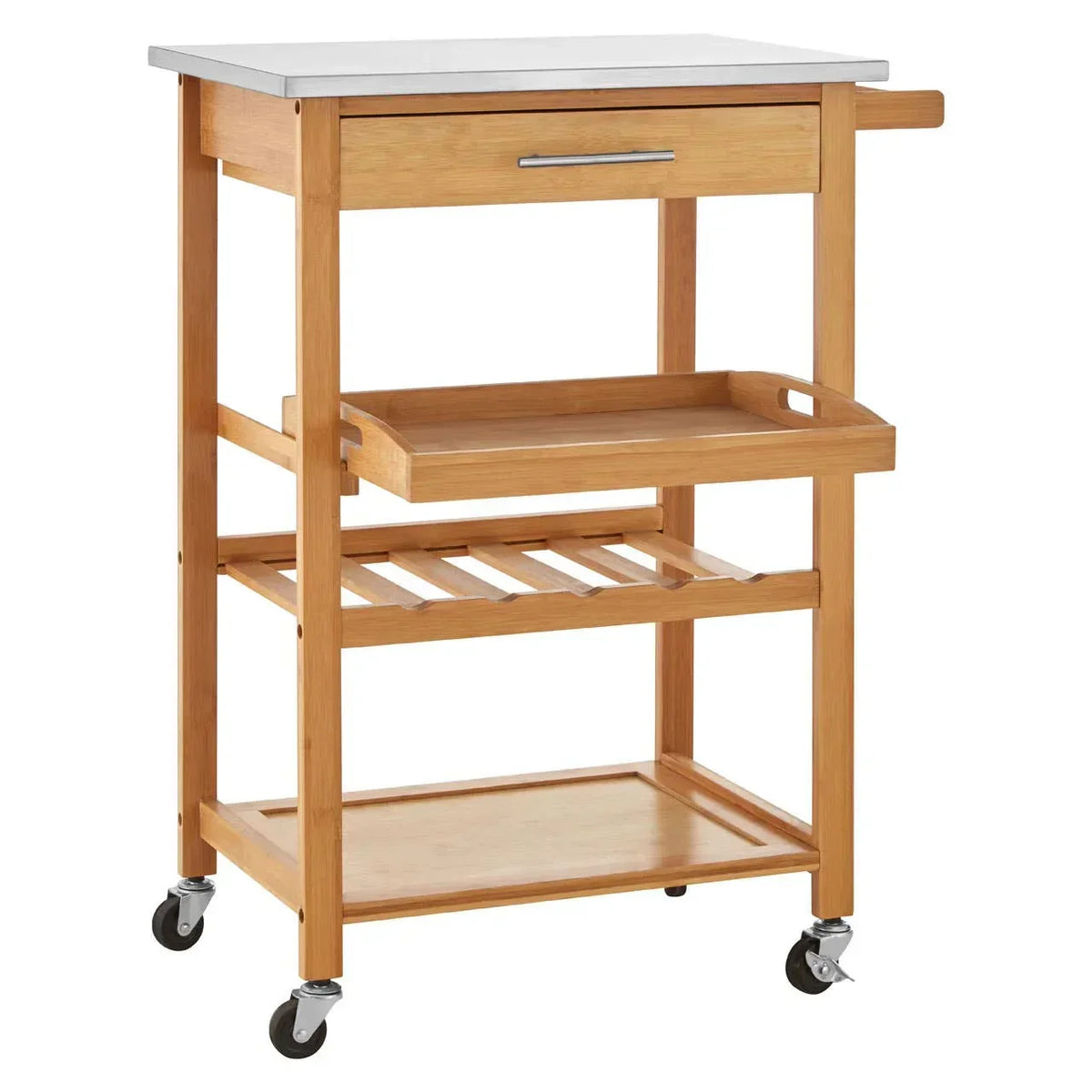 Wood kitchen trolley with stainless steel top, storage drawer, shelves, and wheels