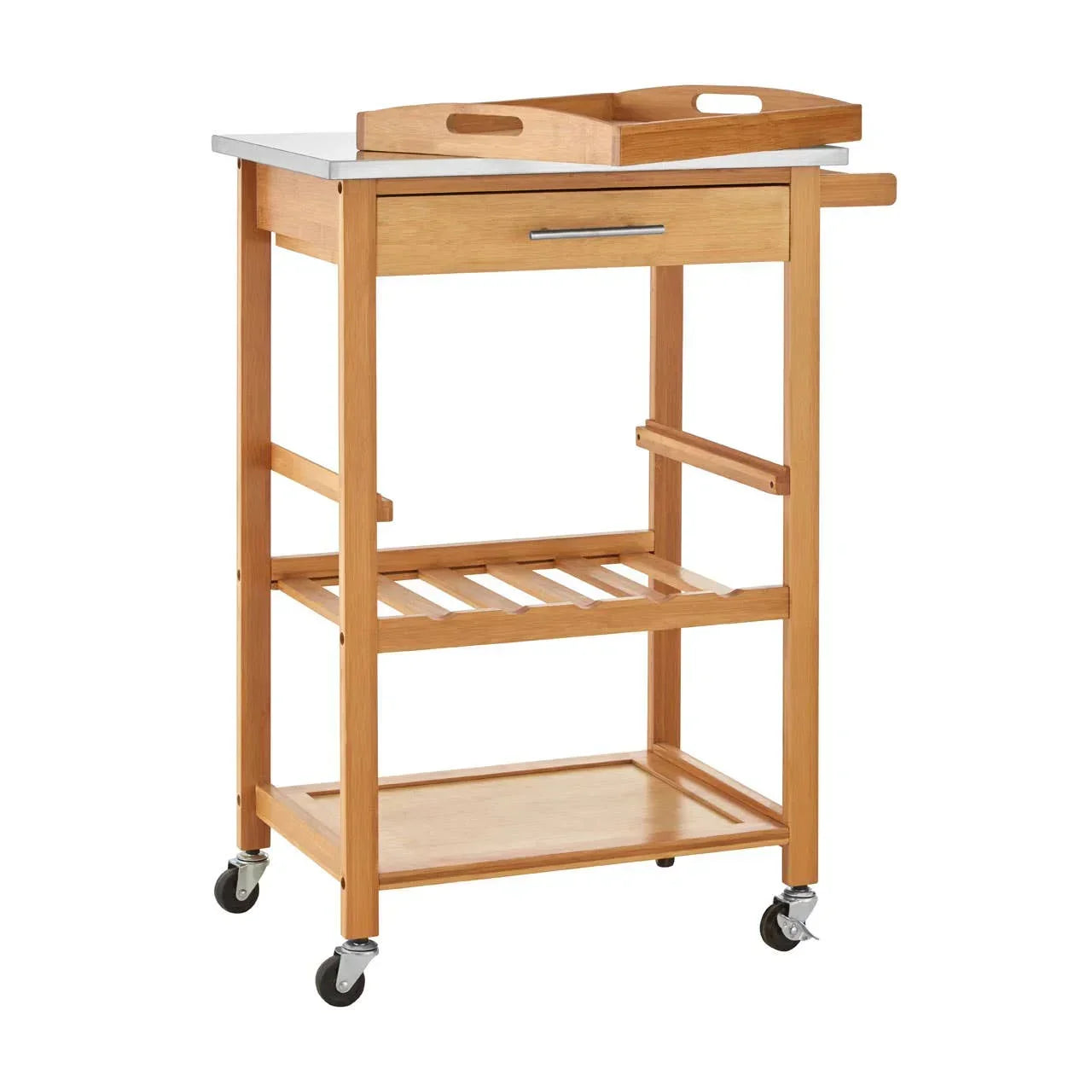 Wood kitchen trolley with stainless steel top, drawer, utility tray, shelves and castor wheels