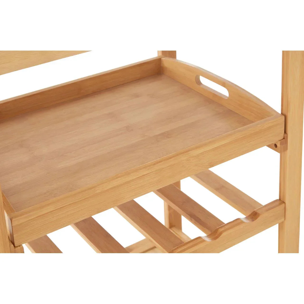 Natural wood serving trolley with tray top and integrated bottle rack shelves