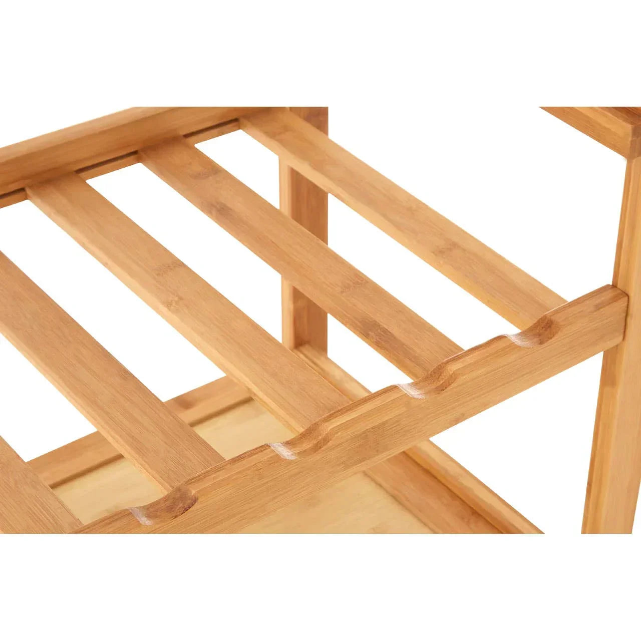 Closeup of bamboo storage rack slatted shelf with grooves for organizing bottles