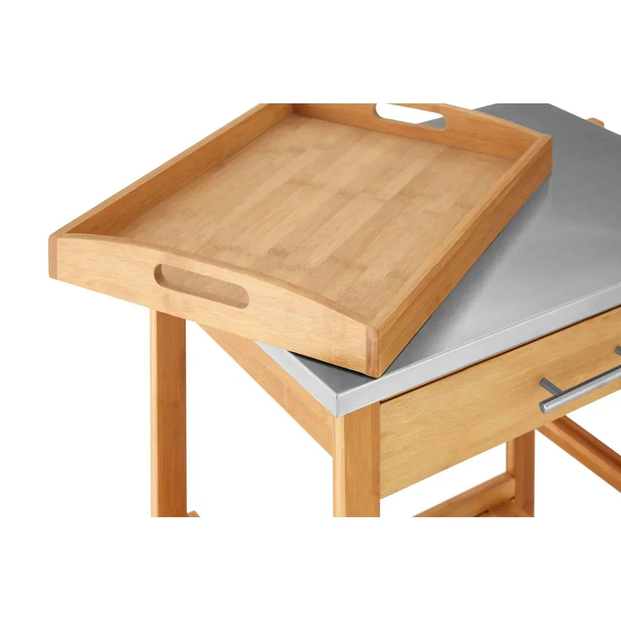 Wooden kitchen trolley with removable tray and metal worktop surface
