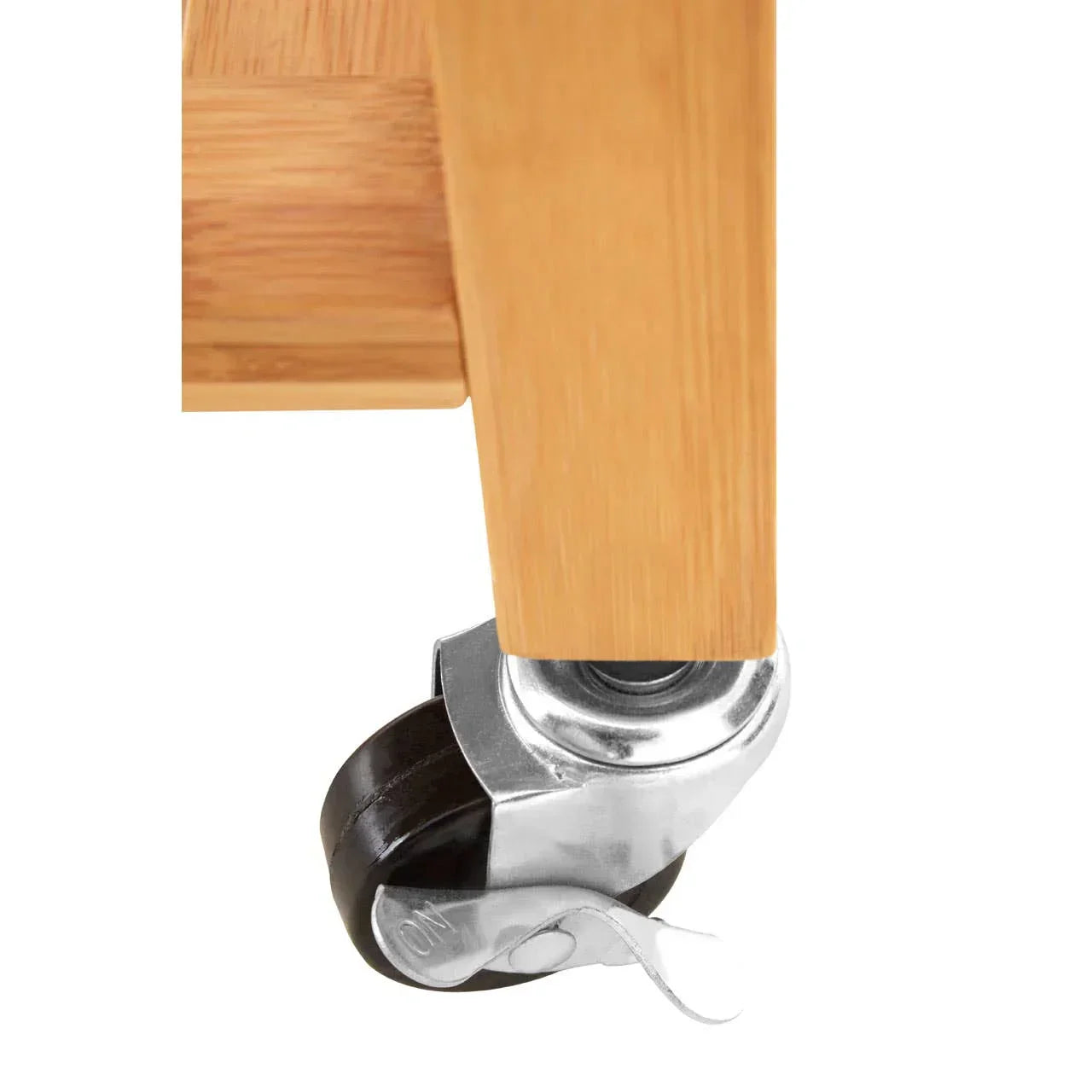 Closeup of wooden furniture leg with swivel caster wheel and brake lever