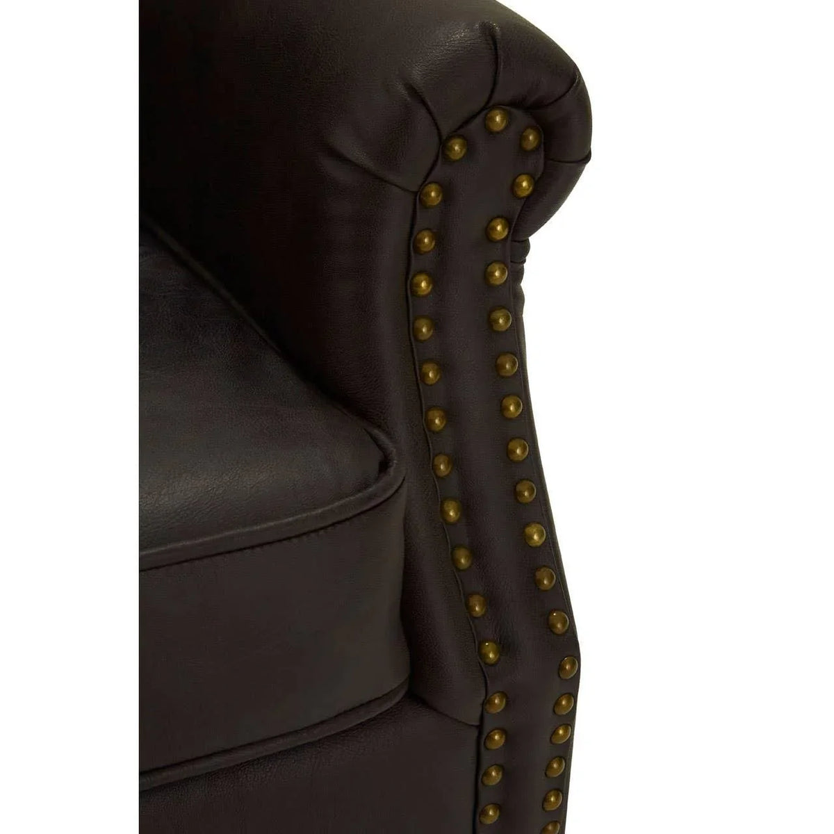 Brown leather sofa arm with brass stud detailing and padded cushion