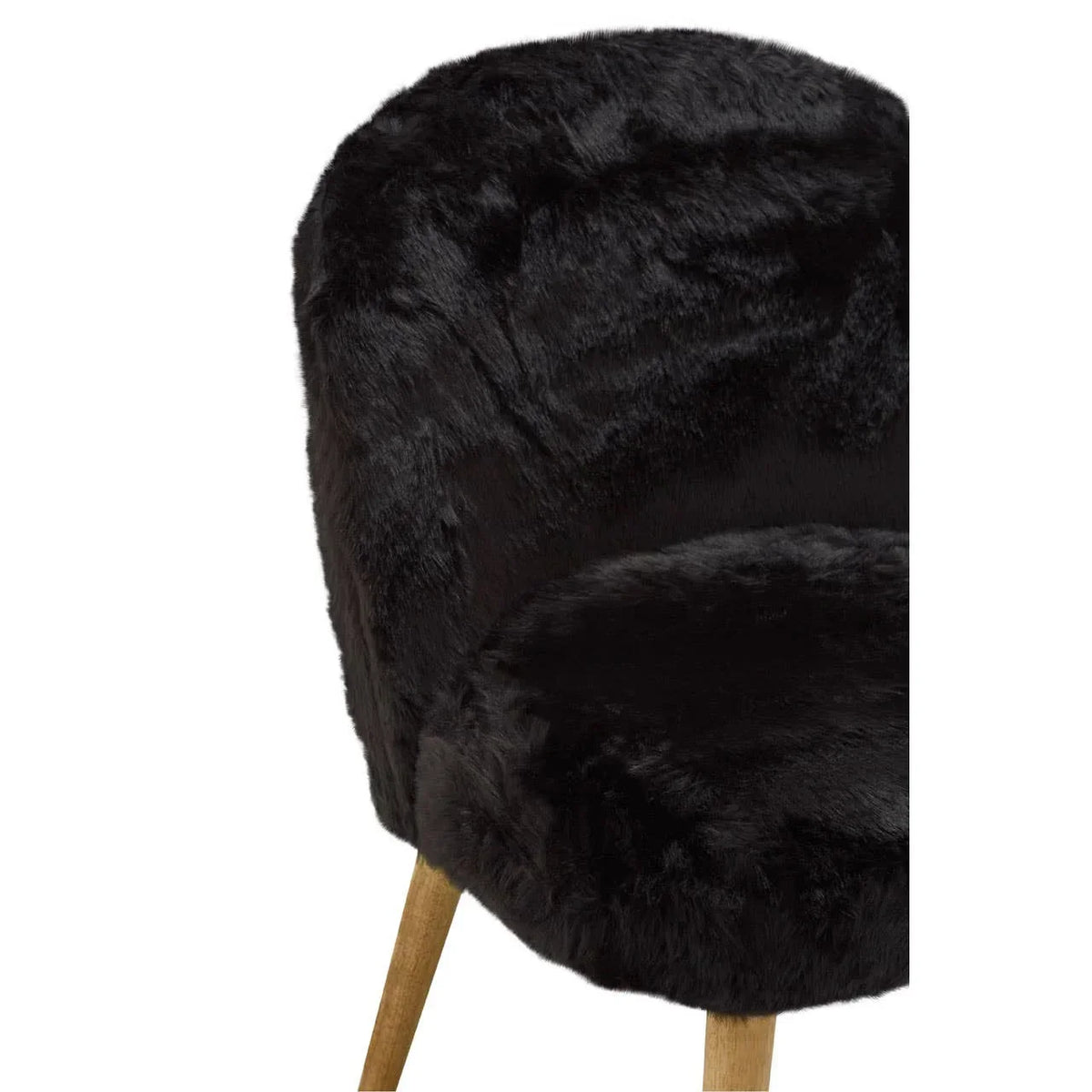 Black faux fur accent chair with curved backrest and wooden legs, partial close-up view