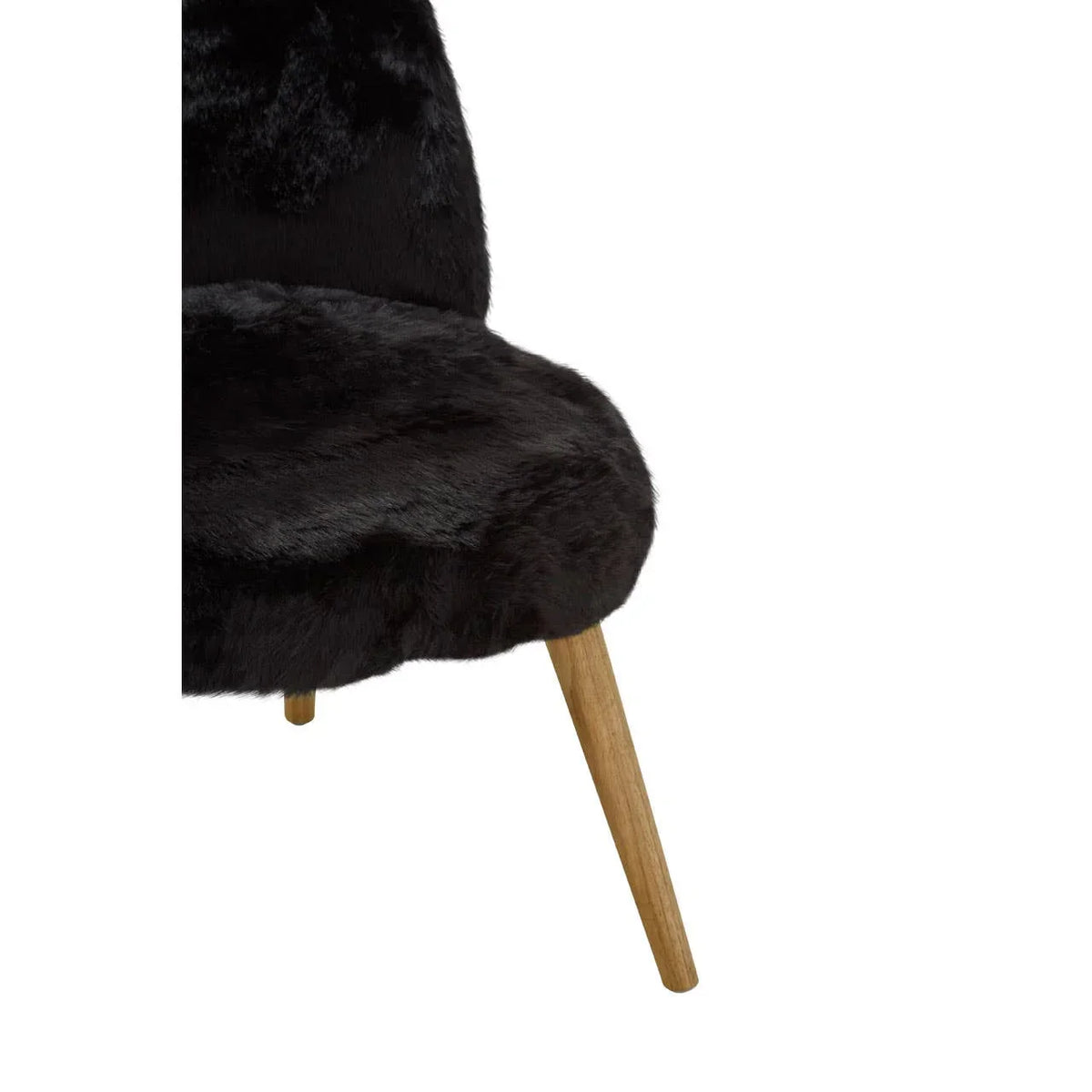 Black faux fur accent chair with wooden legs, close-up of seat and backrest texture