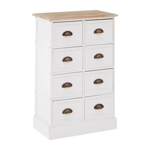 A tall, white chest of drawers featuring eight drawers with rounded bronze handles, topped with a light wood surface. The chest has a clean, modern design and a sturdy base