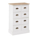 A tall, white chest of drawers featuring eight drawers with rounded bronze handles, topped with a light wood surface. The chest has a clean, modern design and a sturdy base
