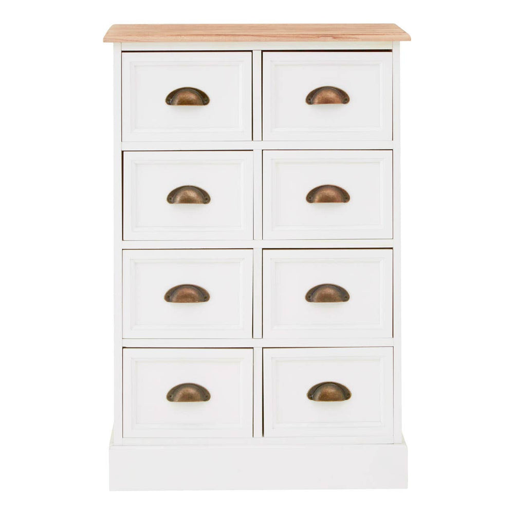 A white chest of drawers featuring eight drawers with brass handles, topped with a natural wood surface. The design is simple and modern, suitable for various home decor styles