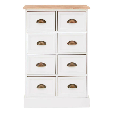A white chest of drawers featuring eight drawers with brass handles, topped with a natural wood surface. The design is simple and modern, suitable for various home decor styles
