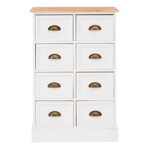 A white chest of drawers featuring eight drawers with brass handles, topped with a natural wood surface. The design is simple and modern, suitable for various home decor styles