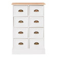 A white chest of drawers featuring eight drawers with brass handles, topped with a natural wood surface. The design is simple and modern, suitable for various home decor styles
