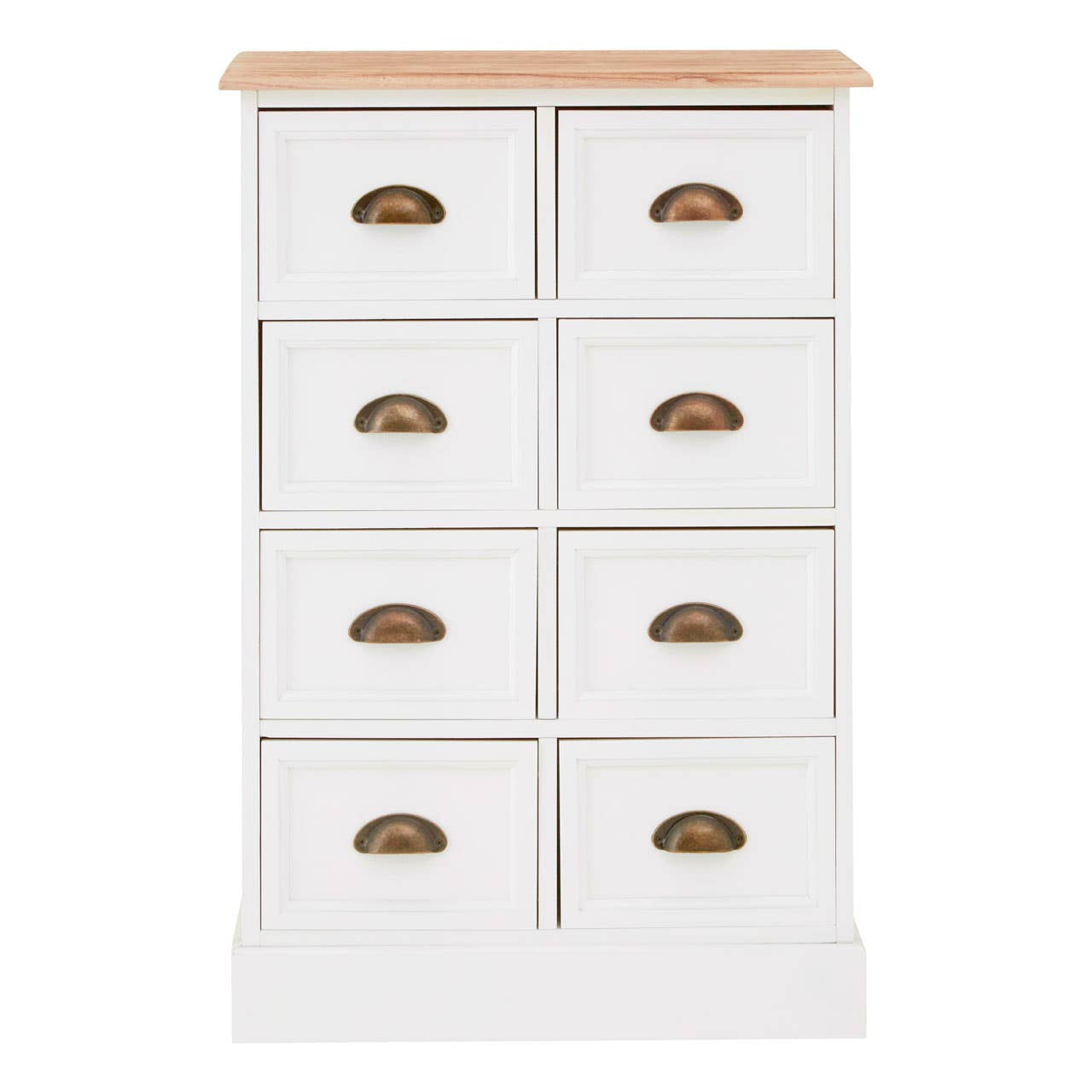 A white chest of drawers featuring eight drawers with brass handles, topped with a natural wood surface. The design is simple and modern, suitable for various home decor styles