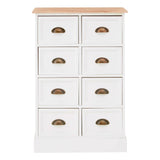 A white chest of drawers featuring eight drawers with brass handles, topped with a natural wood surface. The design is simple and modern, suitable for various home decor styles
