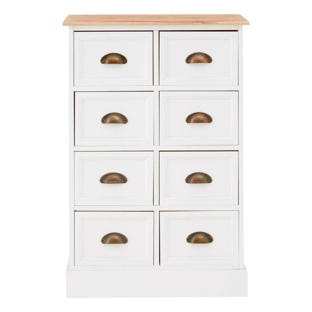 A white chest of drawers featuring eight drawers with brass handles, topped with a natural wood surface. The design is simple and modern, suitable for various home decor styles