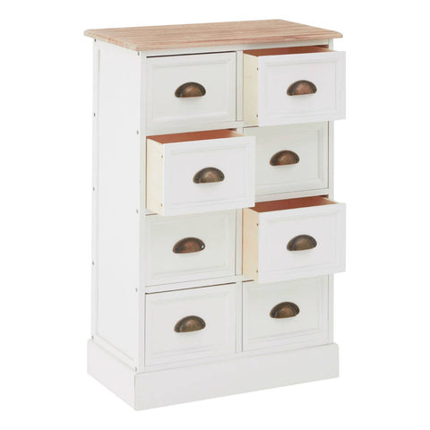 A white chest of drawers featuring eight drawers with a natural wood top. The drawers have a two-tone design, with white fronts and wooden accents, and are equipped with metal handles. The chest has a sturdy base and a classic design suitable for various home decor styles
