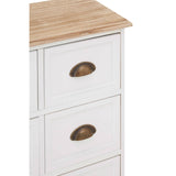 A close-up view of the Austin White 8 Drawers Chest, featuring a light wooden top and two visible white drawers with bronze handles. The chest has a clean, modern design with a smooth finish