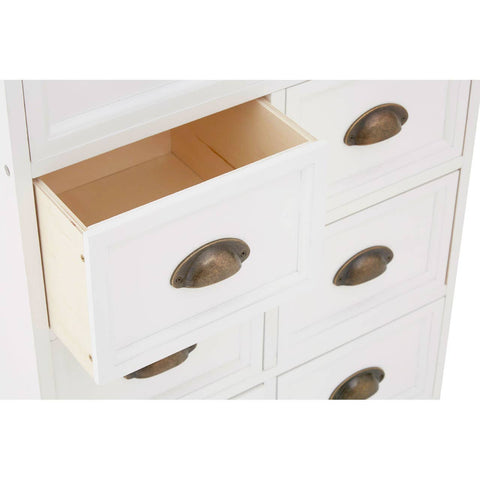 A close-up view of a white chest of drawers featuring eight drawers, with one drawer partially pulled out to reveal its wooden interior and oval cut-out handles. The overall design is sleek and modern, showcasing a clean white finish