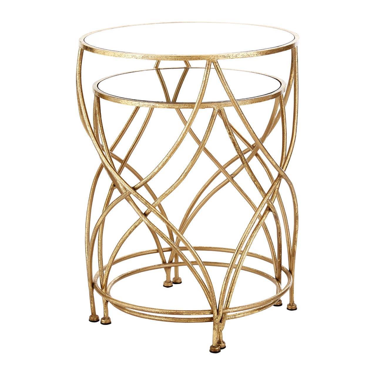 Gold metal side table with glass top and twisted geometric frame
