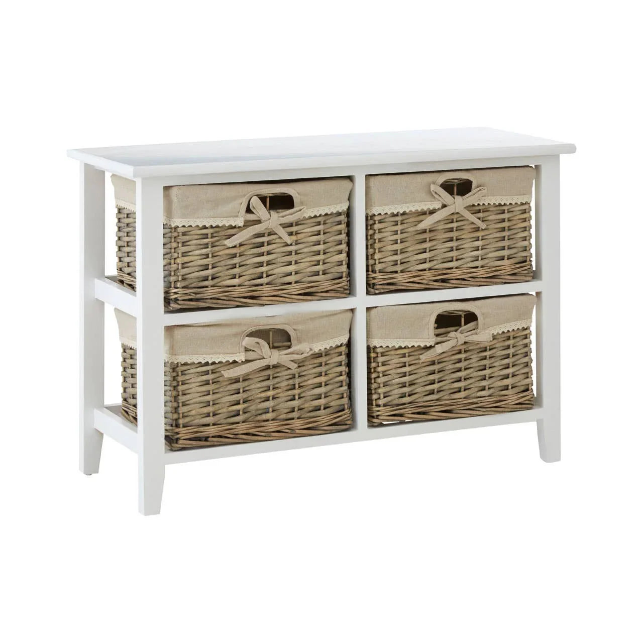 White wooden storage unit with four wicker basket drawers and fabric liners