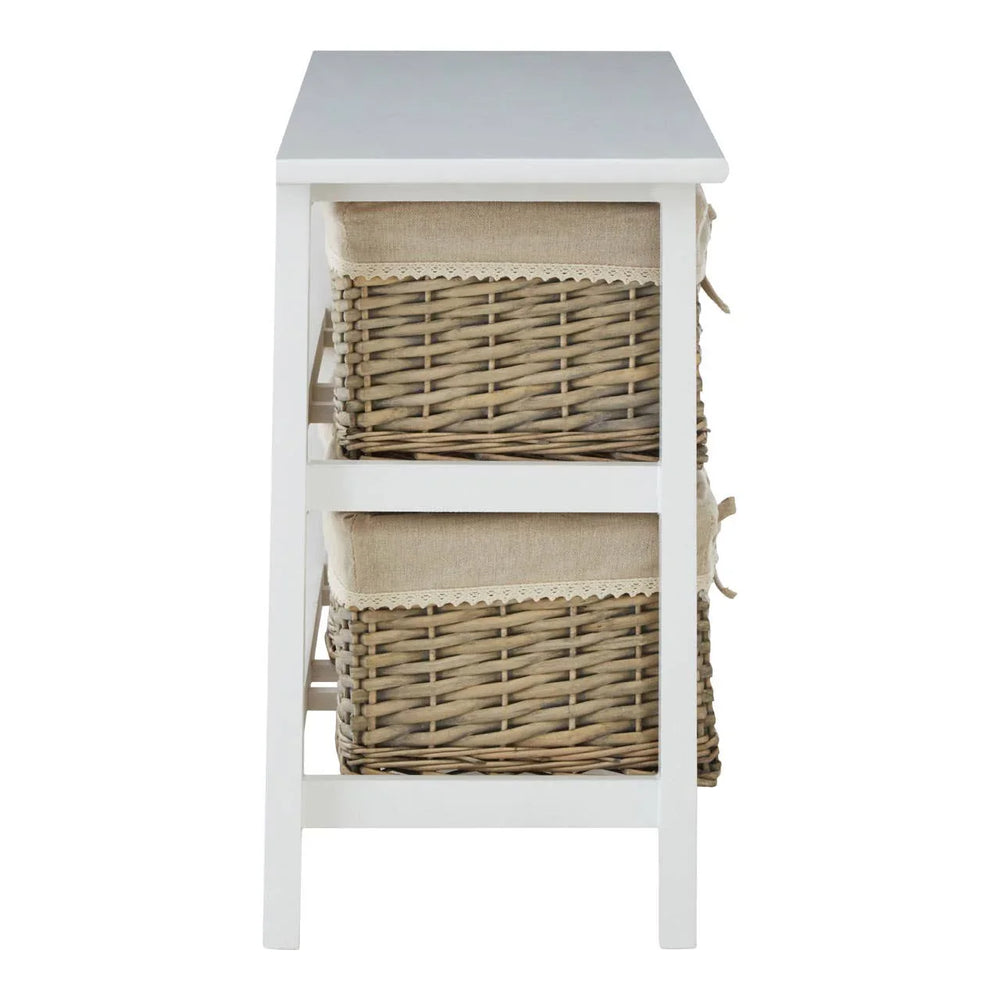 White storage unit with two woven wicker baskets and fabric liners, side view