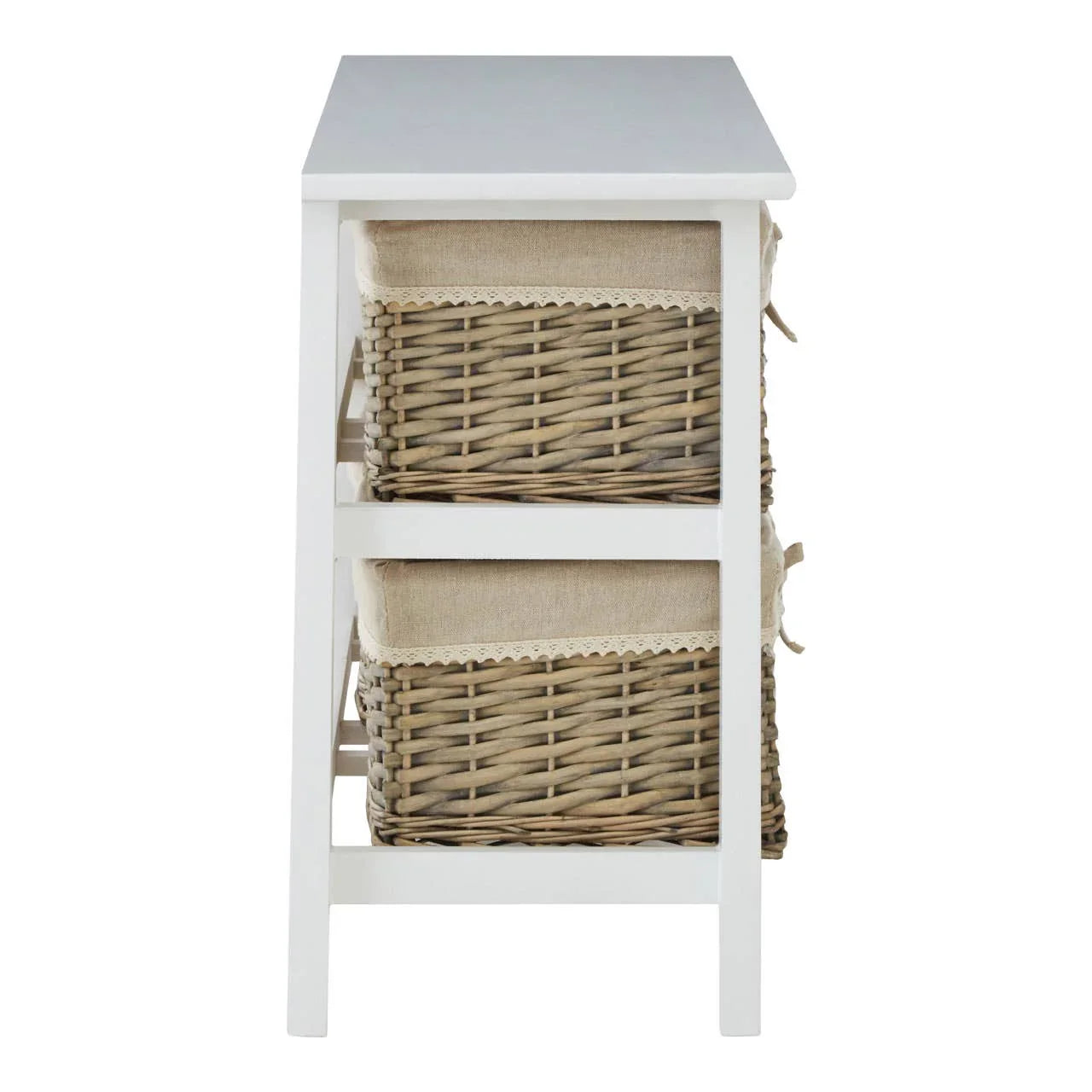 White storage unit with two woven wicker baskets and fabric liners, side view
