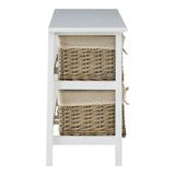 White storage unit with two woven wicker baskets and fabric liners, side view