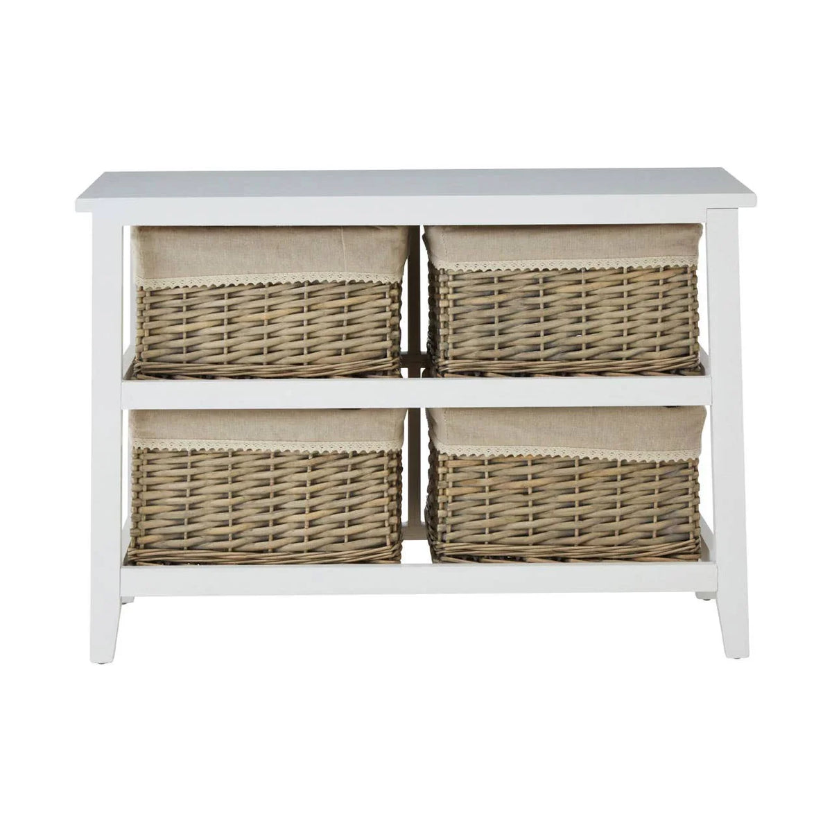 White storage unit with four wicker baskets and fabric liners