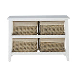 White storage unit with four wicker baskets and fabric liners