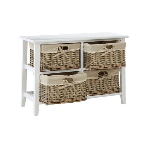 White hallway storage unit with four wicker baskets and fabric liners