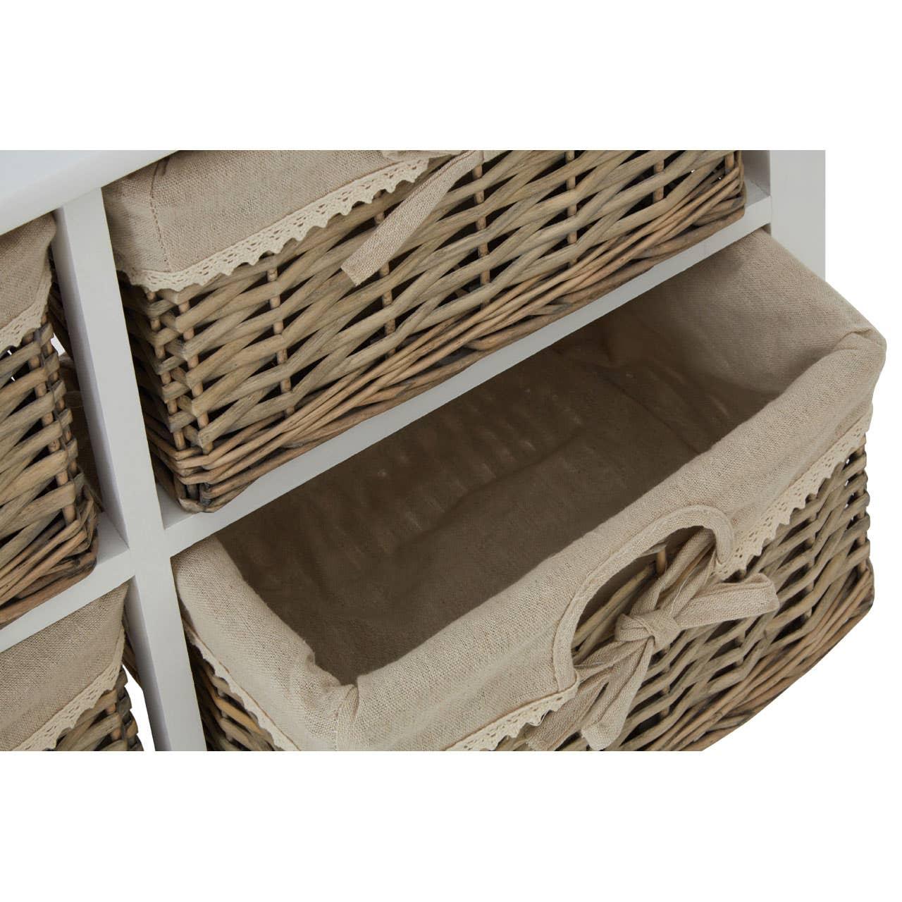 Close view of wicker storage basket with beige fabric liner in white shelving unit